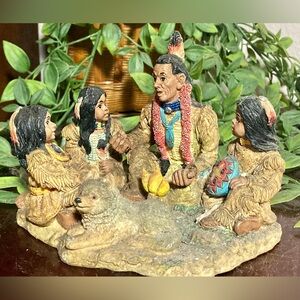 Gung Native American Resin Figures Sitting Around Fire Children Learning  6” X 4